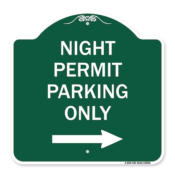 Signmission Night Permit Parking W/ Right Arrow, Green & White Aluminum Sign, 18" x 18", GW-1818-23856 A-DES-GW-1818-23856 - main